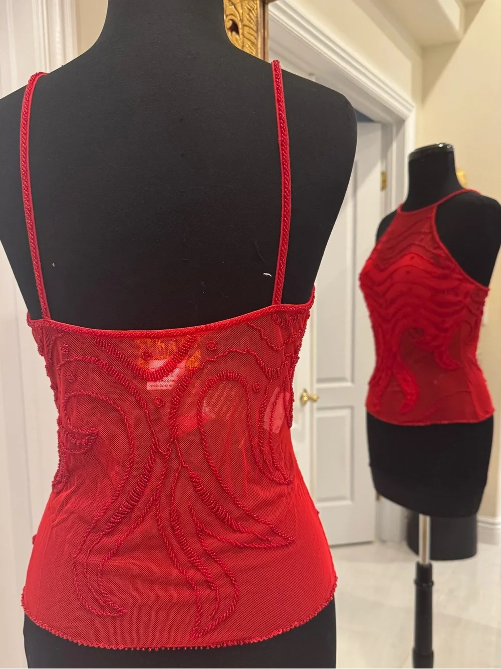 Red‎ hand Beaded Halter Sheer Camisole